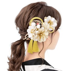 Soubien Hair Ornament, Coming of Age Ceremony, Graduation Ceremony, 2-piece Set, White, Gold, Cherry Blossom, Cherry Blossom, Corsage, Braid, Ball Decoration, Comb Type, U-Pin Type, Graduation