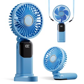 GOCKERA Portable Fan, 4200mAh Battery Operated Fan, 5 Speeds&Digital Display, Makeup Fans for Women with Base, 180°Foldable 3in1 Handheld/Neck/Desk Fan for Outdoor Indoor,Ultra Quiet (sky blue)