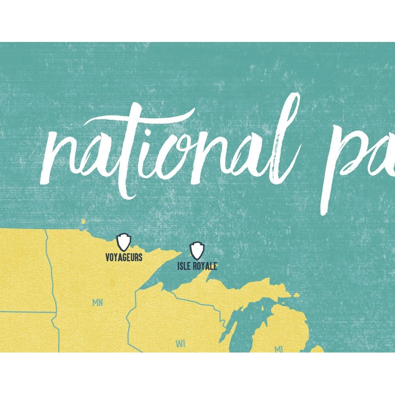 US National Parks Checklist Map 11x14 Print (Yellow & Teal)