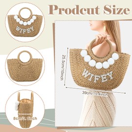 Pinkunn Bride Gift Beach Bag Mrs Handwoven Straw Bag Rhinestone Pearl Letters Purse Bachelorette Wedding Honeymoon Essentials(Wifely, Pearl Letter)