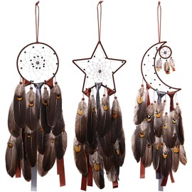 Jetec 3 Pcs Dream Catcher Moon Sun Star Design Handmade Traditional Design Craft Ornament Wall Art Hanging Home Decoration Bedroom Wedding