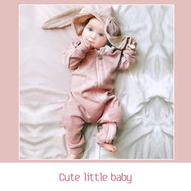 Momkonzz Newborn Baby Girl Easter Outfit My First Easter Onesie Infant Bunny Romper Long Sleeve Zip Up Jumpsuit Rabbit Ears Clothes Hooded Bodysuit Pink 9-12 Months