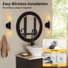 ThyFenno Rechargeable Battery Operated Wall Sconce Set of 2, Dimmable Wall Light with Touch Control, Wireless Bathroom Vanity Lights Over Mirror, Modern Wall Lamp for Living Room Hallway, Black Gold