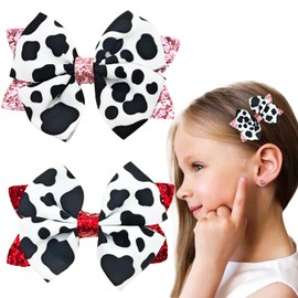 2 PACK Cow Print Hair Bow Clips, Cute Moo Cow Bows Pink Grosgrain Ribbon Alligator Clips Hair Accessories Cow Print Birthday Party Outfit Costume Accessories