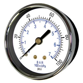 PIC Gauge 102D-208F Dry Filled Utility Center Back Mount Pressure Gauge with Black Steel Case, Chrome Bezel, Plastic Lens, 2" Dial Size, 1/8" Male NPT Connection Size, 0/160 psi Range