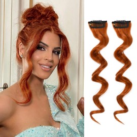 UAmy hair Long Copper Red Side Bangs 2Pcs Set Ginger Wavy Curly Clip on Bangs for Women Wavy Curly Clip in Curtain Bangs for Daily Use