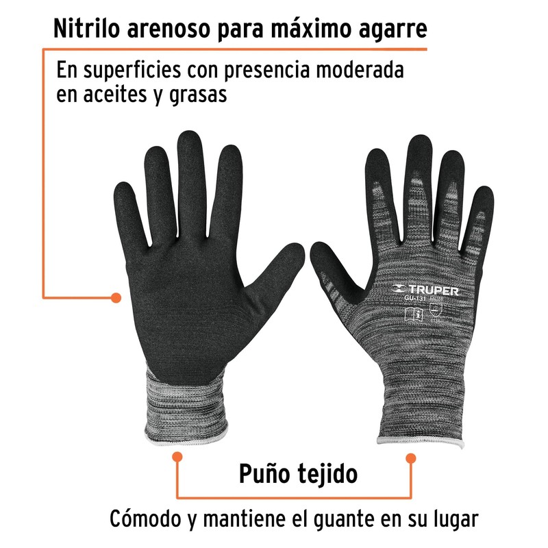 Truper GU-131, Guantes de nylon recubierto de nitrilo, máximo agarre,