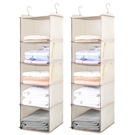 BOOMIBOO Hanging Closet Organize and Shelves，5-Hanging Shelf with 2 Side Pockets，Storage Foldable （2 Pack ，Beige）