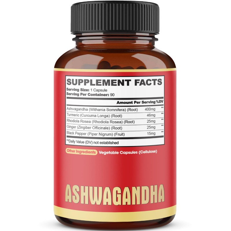 90 Capsules - Ashwagandha Supplement Capsules - Ginger Root, Turmeric,