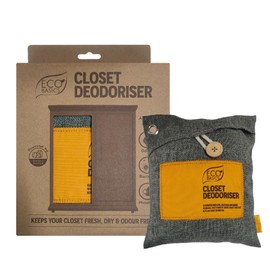 Eco Basics Closet Deodoriser – 21x16.5x7 cm. Bamboo charcoal absorbs moisture & odors, recharges in sunlight monthly. Lasts 1 year; compostable for soil enrichment. Eco-friendly freshness for closets.