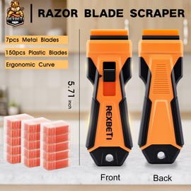 REXBETI Razor Blade Scraper Tool, 1 Pack Razor Scraper with Extra 157Pcs Razor Blades -7Pcs Metal and 150Pcs Plastic Blades, Cleaning Scraper Tool, Cooktop, Paint, Glass Scraper