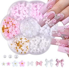 Nail Charms, Flower Nail Charms, 3D Pink Bow Nail Art Decoration, 3D Acrylic Flowers Nail Gems with White Half Pearls for Women Acrylic Nail