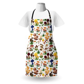 Ambesonne Mushroom Apron, Pattern Types of Mushrooms Wild Species Natural Organic Food Garden Theme, Unisex Kitchen Bib with Adjustable Neck for Cooking Gardening, Adult Size, Yellow White