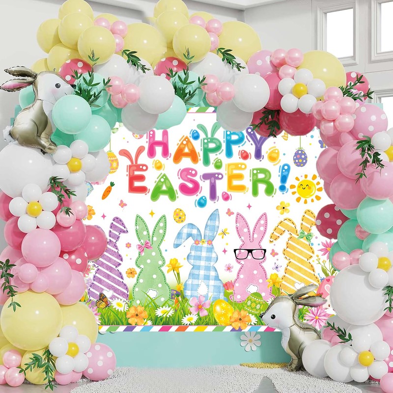 7x5ft Happy Easter Backdrop Cute Easter Bunny Style Colorful Egg