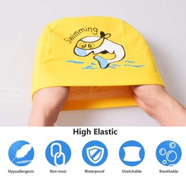 KXF Kids Swimming Cap Waterproof PU Swimming Cap Ear Protection Elastic Swimming Cap with Coating Cartoon Pattern for Kids Boys Girls Age 6-10 Years