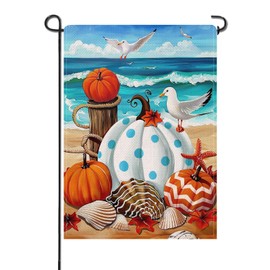 Artofy Fall Beach White Pumpkin Small Decorative Garden Flag, Coastal Autumn Shell Seabirds Yard Lawn Outside Decor, Nautical Thanksgiving Burlap Outdoor Home Decoration Double Sided 12 x 18