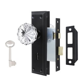 ToPToToo Mortise Lock Set Interior Door, Crystal Glass Door Knobs with Lock and Skeleton Key, Old Door Knob Replacement, Vintage Antique Door Handle, Matte Black Finish