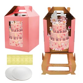 GODCDKC Cake Boxes - 2 Pack Tall Cake Box 12x12x14 Inch Disposable Layer Carrier with Window Large Tierd Cake Out Transport Containers with Handle for Wedding, Birthday, Party