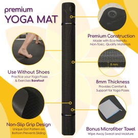 Large Yoga Mat 6'x4'x8mm Extra Thick, Durable, Eco-Friendly, Non-Slip & Odorless Barefoot Exercise and Premium Fitness Home Gym Flooring Mat by ActiveGear - Black