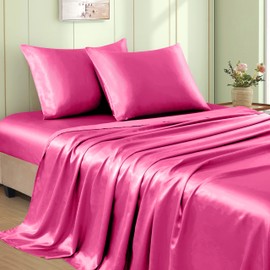 VACVELT 4pcs Hot Pink Satin Sheets Full Size Bed Set, 15 Inch Deep Pocket Silky Satin Sheet Set, Soft Satin Bedding Set Cooling & Luxury Bed Sheets, 1 Fitted Sheet + 1 Flat Sheet + 2 Pillowcases
