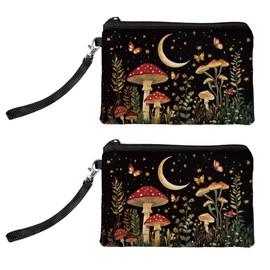 Peacoblue Original Designs Coin Purse for Women Girls Mushroom and Starry Sky 2 Packs Change Purse with Zipper, Durable and Soft Canvas Wallet Pouch for Travel, Gift