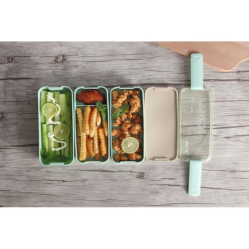 Eco-Friendly Compact Bento Lunch Box Set with Spoon, 3-in-1 Compartment
