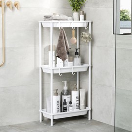 Orimade Rustproof 3 Tier Floor Standing Shower Caddy Organizer, Plastic Metal Splicing Floor Shelf Rack Stands for Bathroom Kitchen,15.35 x 29.33 x 7.87’’, White