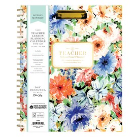 Blue Sky Day Designer 2025-2026 Weekly and Monthly Academic Year Teacher Lesson Planning Calendar, July 2025 - June 2026, 8.5" x 11", Hard Cover With Clip, Storage Pocket, Includes Stickers, Celebration Floral