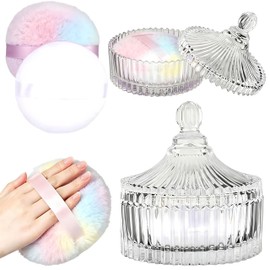 Body Powder Puff And Container With Puff Set 6" Crystal Dusting Powder Jar With 2 Pcs Large powder Puff and Container Purple/Colorful Random,Dusting Powder Jar Elegant Vanity Organizer Gift.