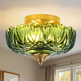 Bgfeoa Semi Flush Mount Ceiling Light,Vintage Ceiling Light 9.44 Inch E26 Small Green Glass Ceiling Lighting for Living Room Kitchen Bedroom Hallway 3 Light(Bulb Not Included)