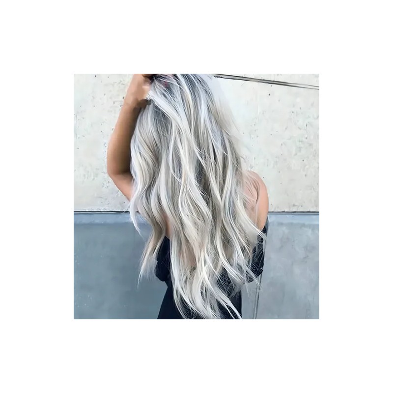 Peluca Larga De Mujer Color Gris Degradado Pelo Ola Natural