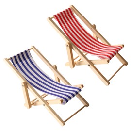 Pack of 2 Mini Deck Chairs, Decorative Small, Miniature Beach Chair, 1:12 Miniature Deck Chair, Foldable, Beach Micro Landscape, Blue/White Fabric Seat, 11 x 5 cm, for Beach Doll, Garden, Micro