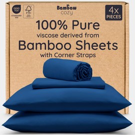Bambaw 100% Viscose Derived from Bamboo Sheet Set Full Size – 4pcs Cooling Sheets Full Size, with Elastic Corner Straps, Hotel Luxury Bed Sheets Set, Super Soft Sheets Full Size (Navy Blue)