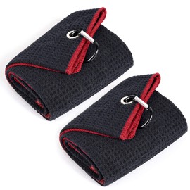 Mile High Life Tri-fold Golf Towel | 16" X 24" | Premium Microfiber Fabric | Waffle Pattern | w Heavy Duty Carabiner Clip | for Men and Women (2 Pack Black/Red)