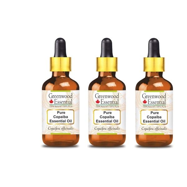 Greenwood Pure Copaiba Essential Oil (Copaifera officinalis) with Glass Dropper Oil 100% Natural, Therapeutically Steam Distilled (Pack of Three) 100ml x 3 (10.1oz)