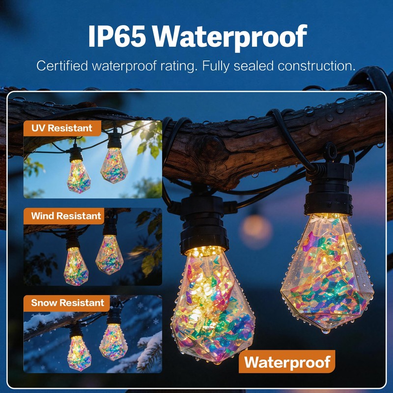 BYIZO Outdoor String Lights, 66FT 27 LED Iridescent Holographic Bulbs,