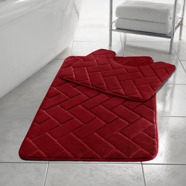 Soodie&Zuzu's Memory Foam Bath Mat 2 Piece Set Blocks Pattern Non Slip Toilet Bathroom Mats Soft Absorbent Washable Bath Mats for Bathrooms Pedestal 50X50 CM & Bath Mat 50X80 CM (Red)