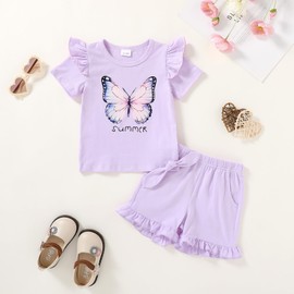 YOUNGER TREE Baby Girl Clothes Cartoon T-Shirt Shorts Set Toddler Summer Outfits (Purple Butterfly, 4-5 Years)