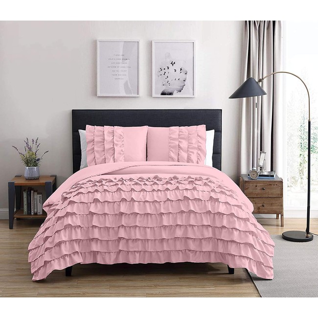 Chezmoi Collection Ella 3-Piece Waterfall Ruffle Comforter Set (Queen, Pink)