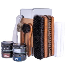 FootFitter Leather Shoe Shine Refill Set, Complete Shoe Care Kit with Horsehair Brushes, Premium Creams, Cloths & Shoehorn (Dark Creams)