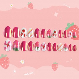 Kids Press on Nails Short Almond Fake Nails Deep Red Adhesive False Nails Strawberry Cute Fan Design Glitter Acrylic Artificial Nails for Children 24 Pcs