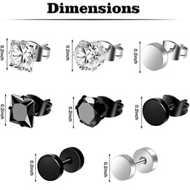 12 Pairs Mens Earrings Stainless Steel Earrings for Black Hoop Earrings Silver Flat Back Earrings Hypoallergenic Earrings Set,Cubic Zirconia Studs Double Side Earrings Piercing Sleeper Studs Jewelry