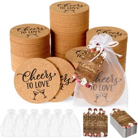Domensi 100 Set Cork Coaster Wedding Favors Cheers to Love Round Cork Coaster Thick Absorbent Drink Coasters with Thank You Tags and Organza Bags Wedding Gifts for Bridal Baby Showers Birthday Party
