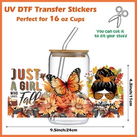 ROMODIYA Fall UV DTF Cup Wraps 5 Sheets Vintage Transfer Stickers for 16 oz Glass，Autumn Maple Leaf Pumpkin Butterfly Dwarf UV DTF Decals Waterproof Rub On Transfers for Thanksgiving Party DIY Crafts