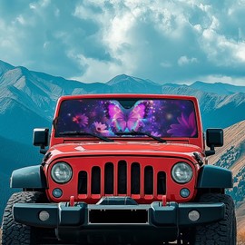 Tupalatus Butterfly Windshield Sun Shade Compatible with Jeep Wrangler JK JL Windshield Shade Bolck UV Rays & Protect Car Interior Heat Shield Windshield Cover