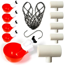 Useful Additions Chicken Water Cups Plastic Poultry Watering Cups, Fits 1/2 Inch PVC - Orange, Durable for Chickens, Ducks, Turkeys, Quails - Includes Chicken Feed String Bag