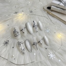 Snowflake Glazed Handmade Nail Tips - Short Coffin / 눈꽃 글레이즈드 수제네일팁 - 숏코핀