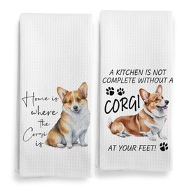 Qeheb Dog Corgi Kitchen Towels, Home is Where The Corgi is Kitchen Towels Decorative Set, Corgi Gifts for Corgi Lovers, A Kitchen is Not Complete Corgi Pets Dog Hand Dish Towels for Kitchen 16x24in