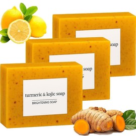 Lemon Turmeric Kojic Soap Bar - Jabon De Curcuma, Brighten & Hydrating Face and Body Cleanser with Vitamin C, Collagen, Gentle Daily Skincare for All Skin Types (3PCS):_3pcs