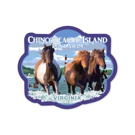 Die Cut Sticker Chincoteague, Virginia, Pony Swim (Horizontal), Contour Vinyl Sticker 1 to 3 inches (Waterproof Decal for Cars, Water Bottles, Laptops, Coolers), Small